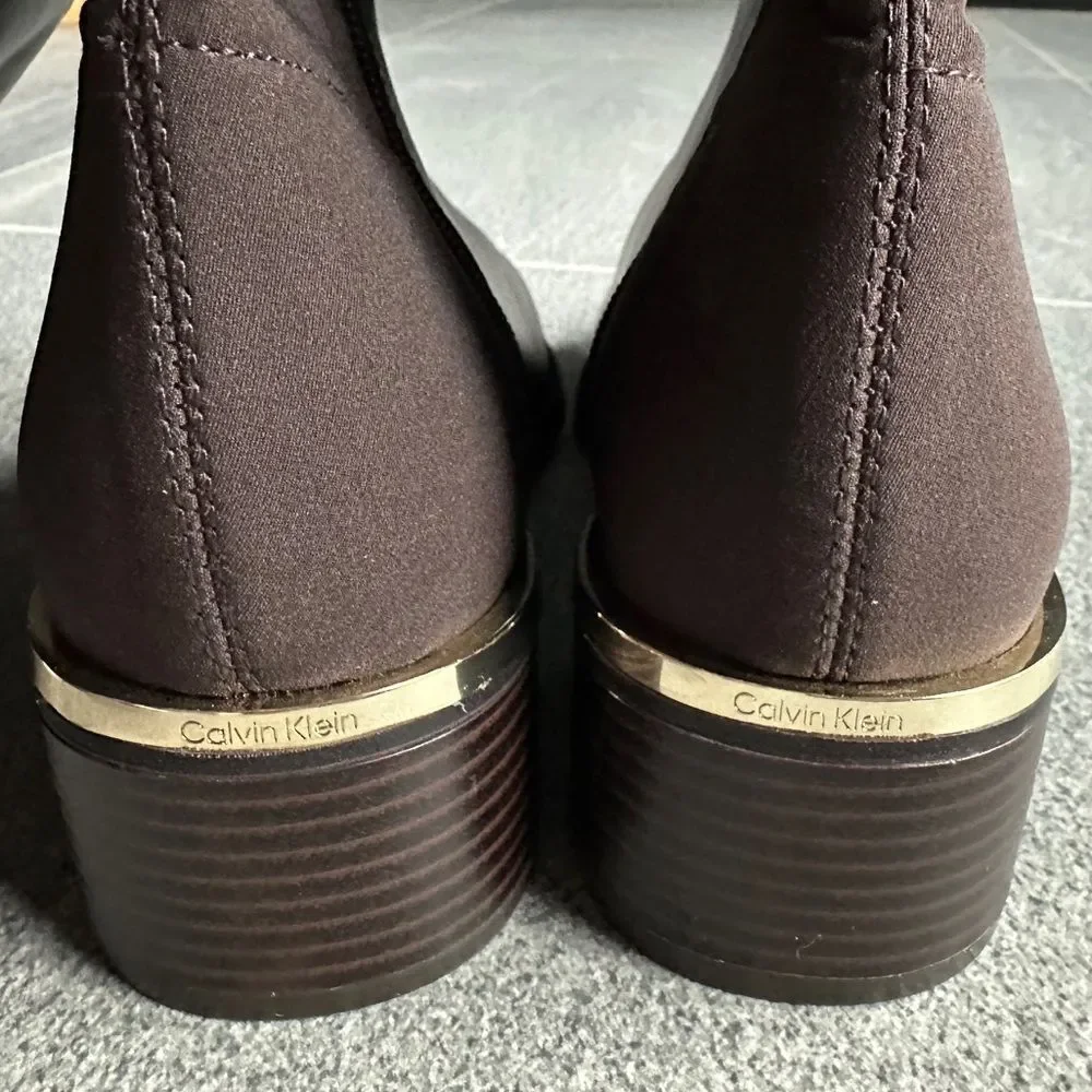 NWOB Calvin Klein Jotty Over The Knee Dress Boots Round Toe Brown Faux Leather 7